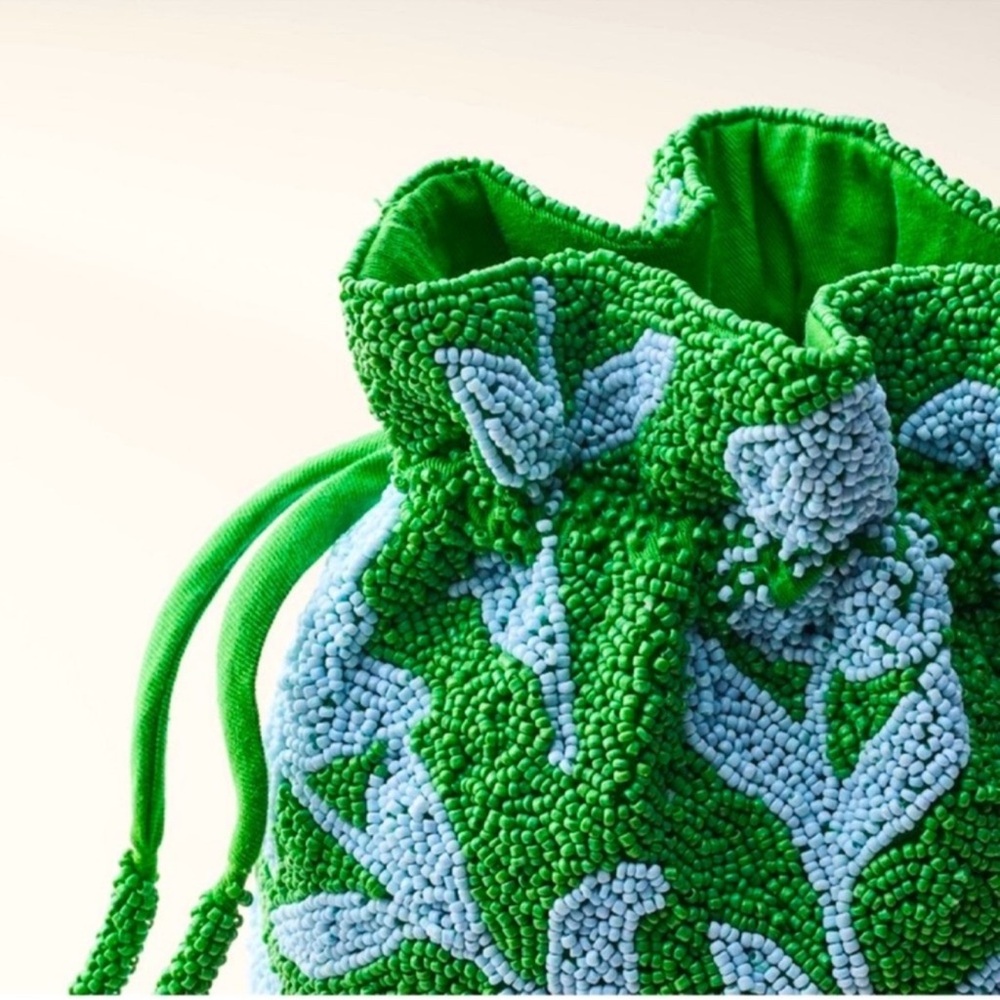 New! Kate Spade Beaded Classic Rose Drawstring
Bucket Bag in Green & Blue - Picture 4 of 7